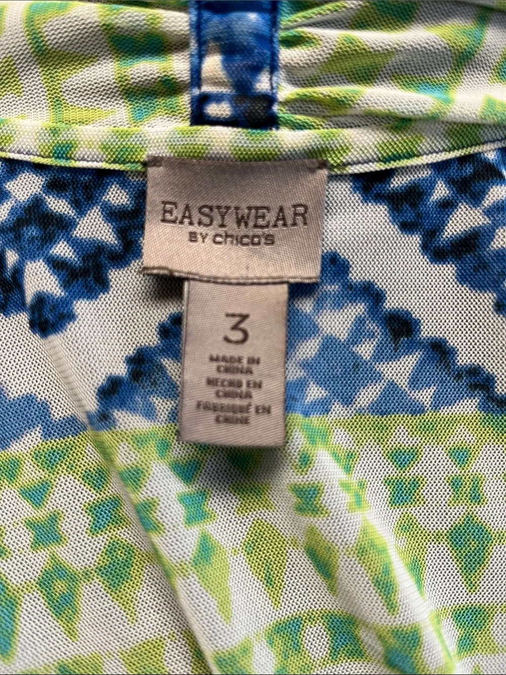 Easy Wear CHICOS Open-Front Patterned Women's Cardigan in Blue and Green